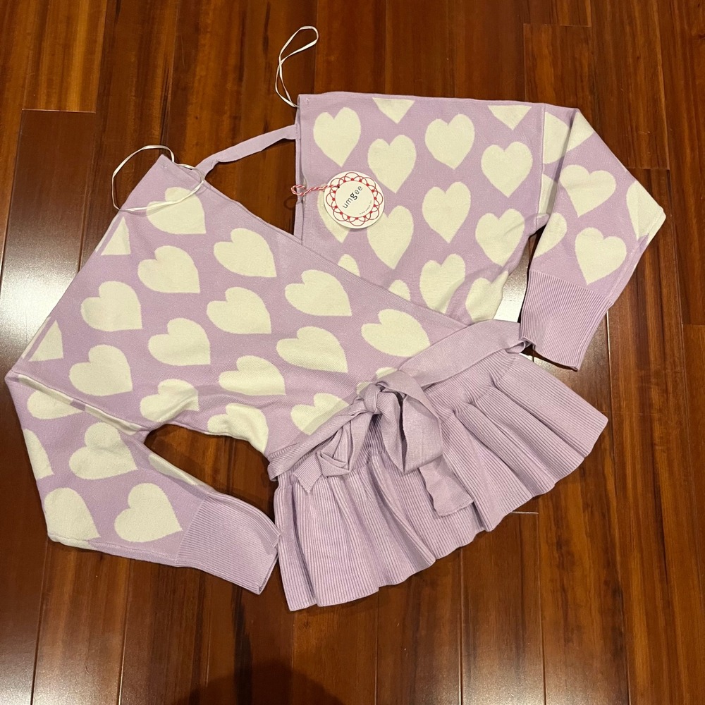 Umgee Heart Wrap Sweater Lilac Purple White Peplum‎ Long Sleeve V-Neck New NWT S